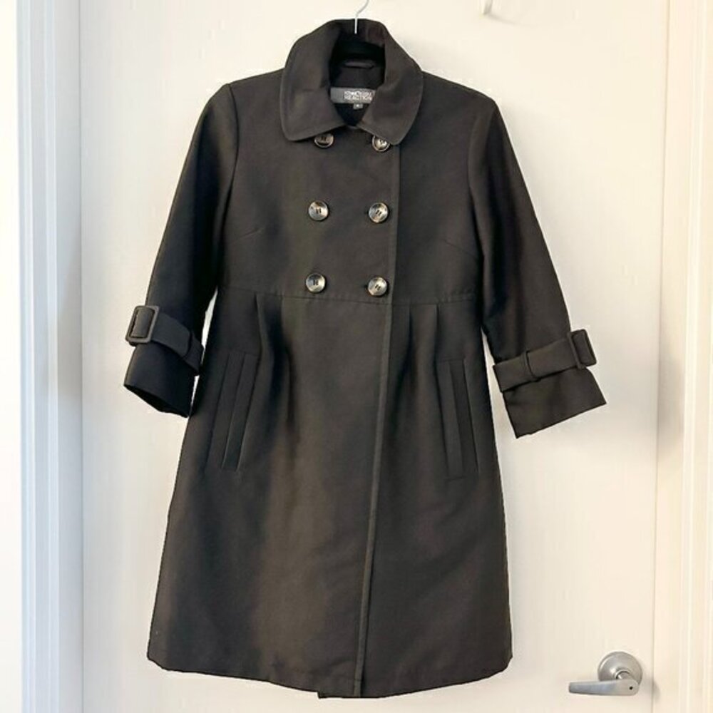 Kenneth Cole Women's Pintuck Double Breast Trench Peacoat Dark Black Gray Size S
